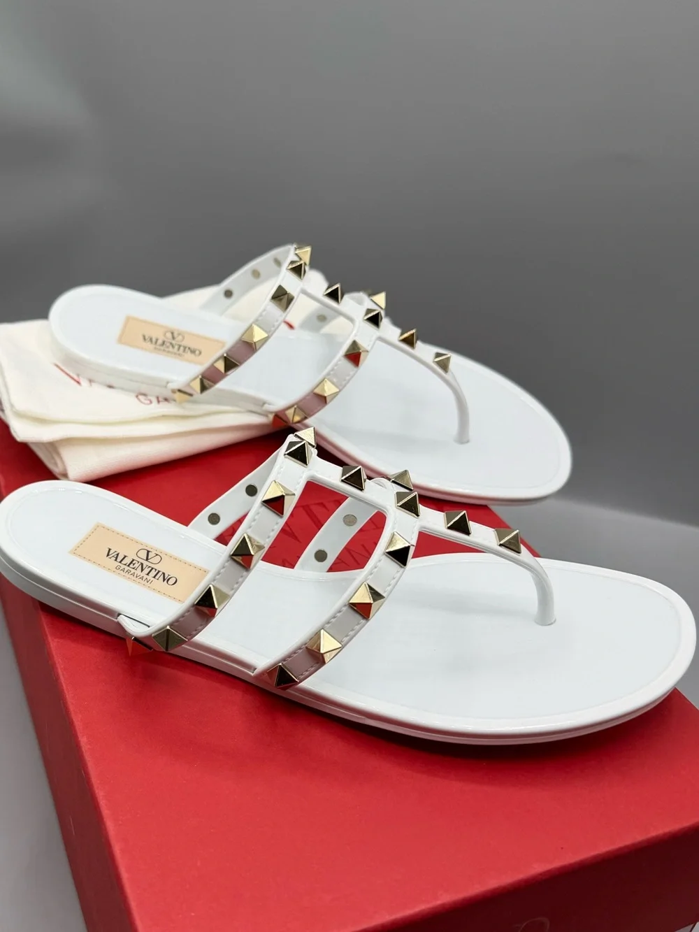Valentino Garavani White Patent Rockstud Triple-Strap Thong Sandals